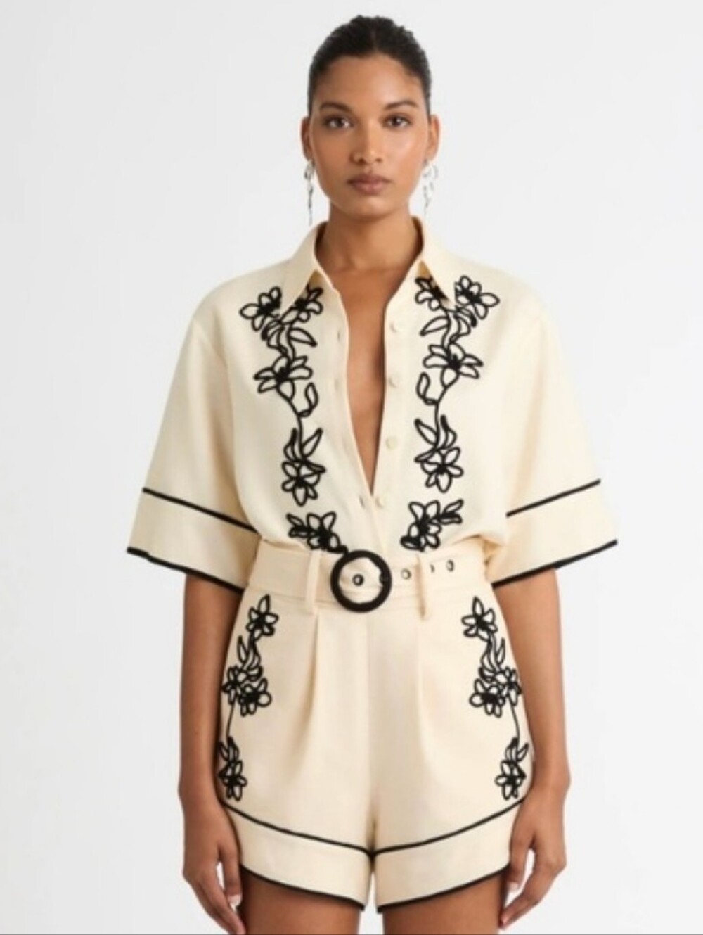 NWT Embroidered Cream & Black Short Jumpsuit with Belt